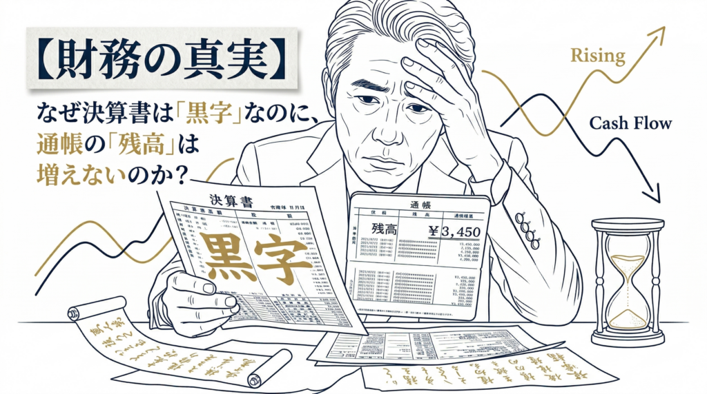 黒字なのにお金が残らない悩みを抱える経営者と財務グラフのイラスト